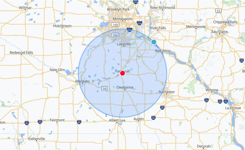 Map with a 40-mile raidius circle surrounding Fairbault, MN