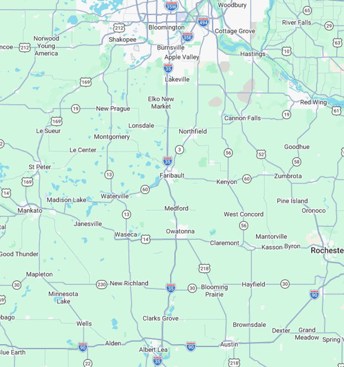 K and M Heating service area map showing Faribault, Owatonna, and Northfield